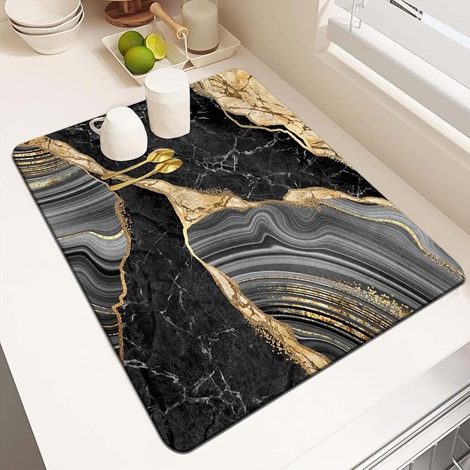 MCALK Marble Black Dish Drying Mat for Kitchen Counter, Gold Dish Drying Pad with Anti-Slip Rubber Base, Absorbent Kitchen Sink Mat with Modern Art Decor (1 pc 18" x 16")