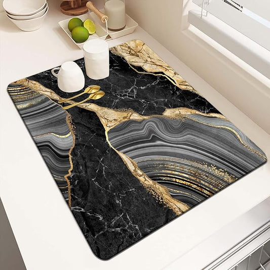 MCALK Marble Black Dish Drying Mat for Kitchen Counter, Gold Dish Drying Pad with Anti-Slip Rubber Base, Absorbent Kitchen Sink Mat with Modern Art Decor (1 pc 18" x 16")