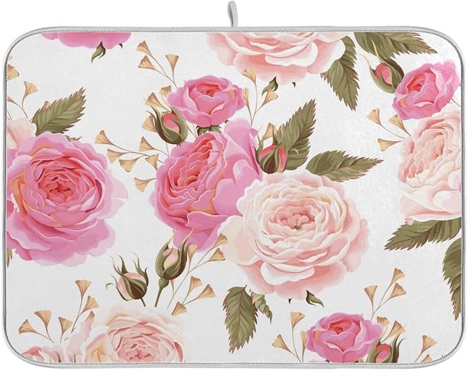 Absorbent Dish Drying Mat for Kitchen Counter - Floral Rose Pink Microfiber Drying Pad, Reversible Drainer Mats for Countertop, Lager 18 x 24 inch