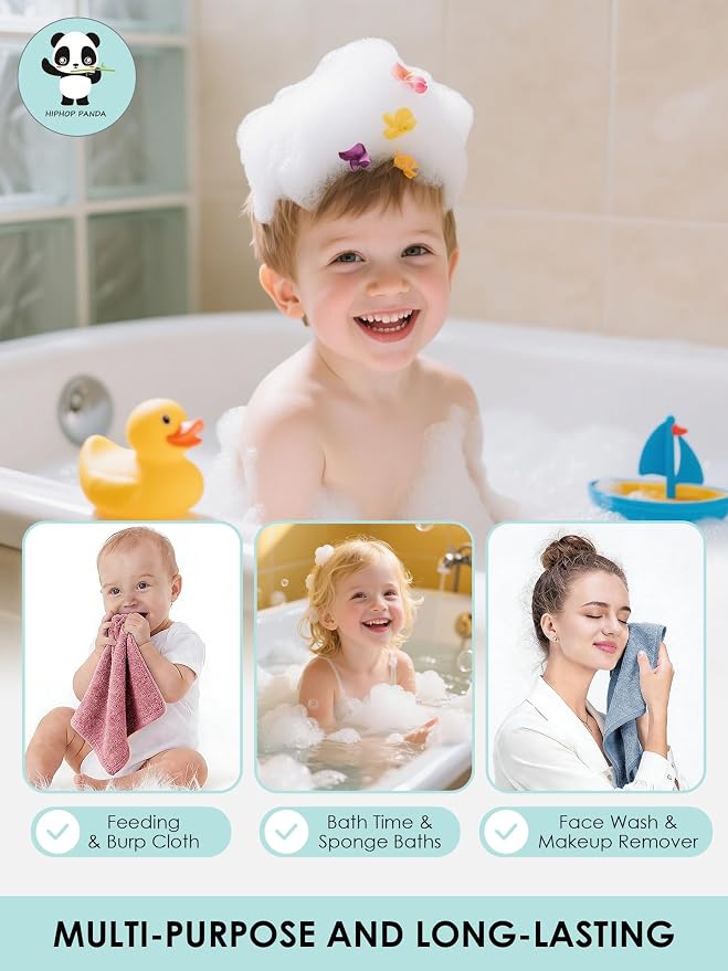 HIPHOP PANDA Baby Washcloths, Rayon Made from Bamboo - 2 Layer Ultra Soft Absorbent Newborn Bath Face Towel - Reusable Baby Wipes for Delicate Skin - Pastel Macaron, 6 Pack