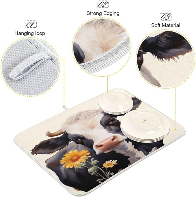 Dish Drying Mat Kitchen Counter Absorbent Flower Cow Coffee Sink Mat Dish Drainer Pad 18 Inch x 24 Inch
