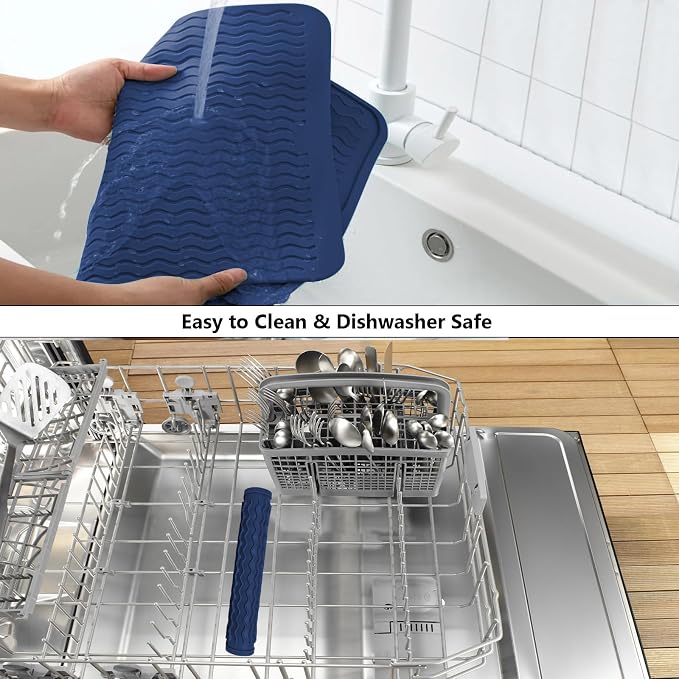 ZLR Silicone Dish Drying Mat for Kitchen Counter (12" x 16" / 307 x 405mm) - Large Fast-Dry Drainer Mat with Raised Wavy Ridges & 5mm Lip - Non-Slip, Heat Resistant 450°F, BPA-Free (Midnight Blue)