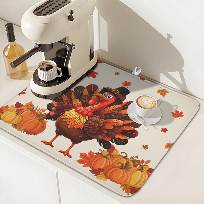 Thanksgiving Dish Drying Mat for Kitchen Counter Autumn Harvest Turkey Pumpkin Maple Leaves Microfiber Dish Drainer Mat Rustic Fall Holiday Absorbent Washable Drying Pad 16"x18"