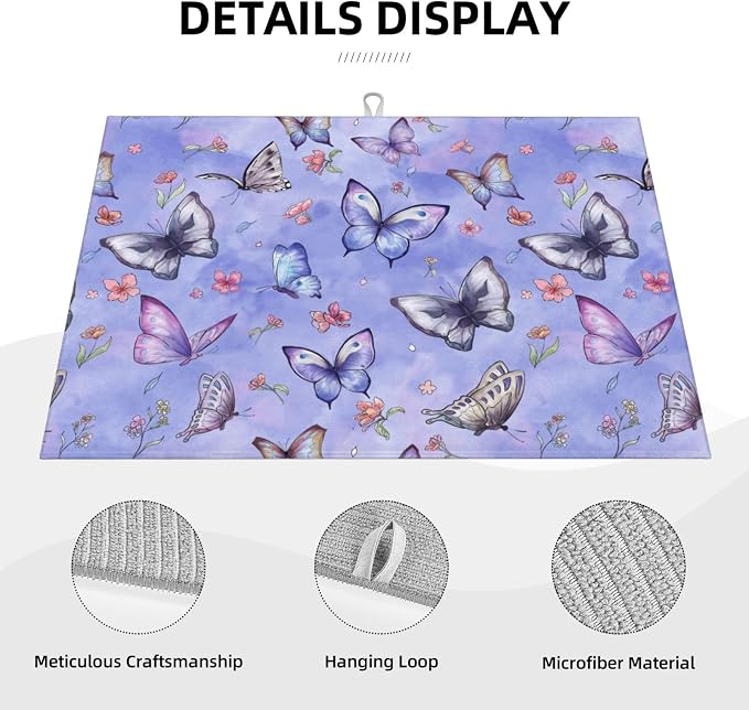 Butterfly Dish Drying Mat for Kitchen Counter Cute Kitchen Mat Microfiber Kitchen Countertop Absorbent Reversible Drainer Rack Pad Dish Drying Mat 18 x 24 Inch