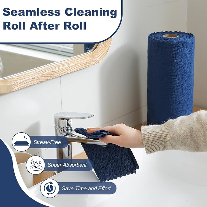 Jessy Home 2 Roll Reusable Paper Towels,100 Sheets Tear Away Microfiber Cleaning Cloth, Lint Free Cleaning Rags for Kitchen, Dishcloth,Household Cleaning Supplies