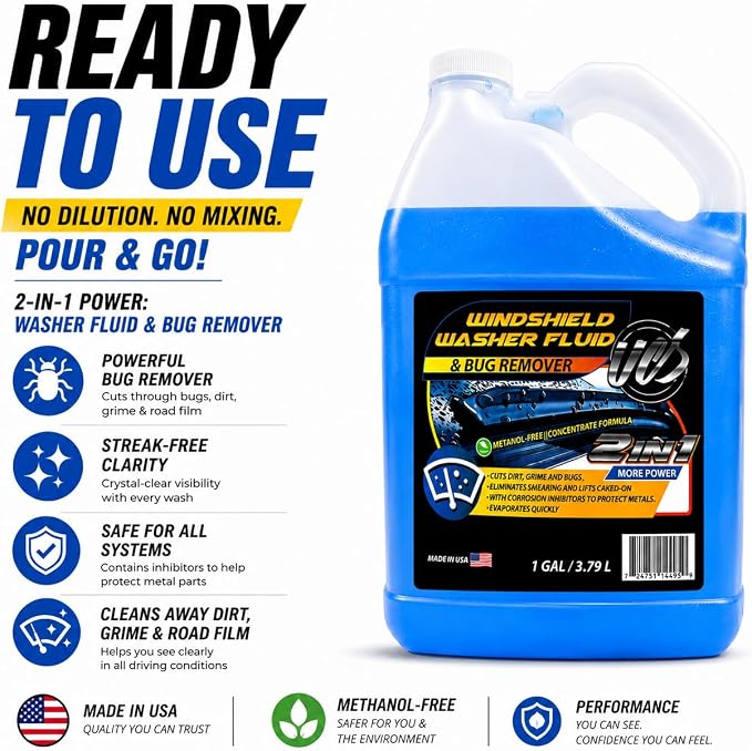 UCS Windshield Washer Fluid 2-in-1 Bug Remover – Ready to Use Formula – Streak-Free Cleaning – Removes Dirt & Road Grime – 1 Gallon (128 fl oz) Methanol-Free
