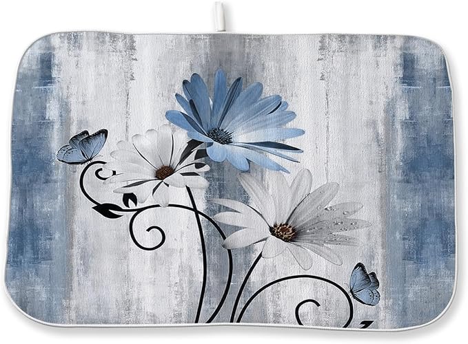Rustic Daisy Floral Dish Drying Mats 18x24 Inches for Vintage Flower Blue Kitchen Drying Mats Seasonal Outdoor Decorations Absorbent Drying Dish Mats for Kitchen Dining Room Counter Decor