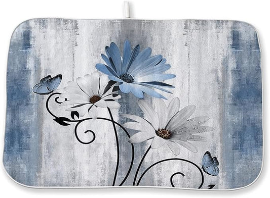Rustic Daisy Floral Dish Drying Mats 18x24 Inches for Vintage Flower Blue Kitchen Drying Mats Seasonal Outdoor Decorations Absorbent Drying Dish Mats for Kitchen Dining Room Counter Decor