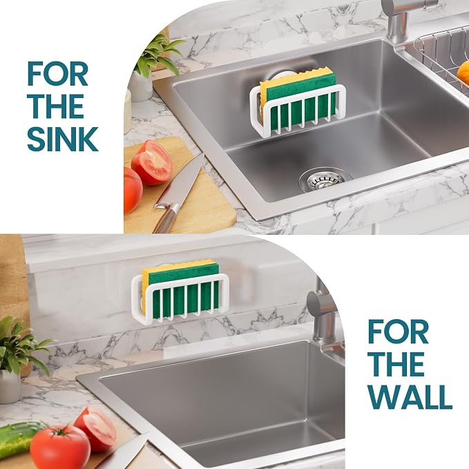 TAILI Sponge Holder for Kitchen Sink with Strong Suction Cup, Rustproof Aluminum Sink Caddy for Sponges, Removable Sponge Holder, Dish Brush for Scraper - White