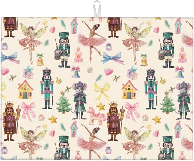 Christmas Nutcracker Dish Drying Mat 18 x 24 Inch for Kitchen Counter Cute Pink Kitchen Mat Microfiber Kitchen Countertop Absorbent Reversible Drainer Rack Pad Dish Drying Mat 1PCS