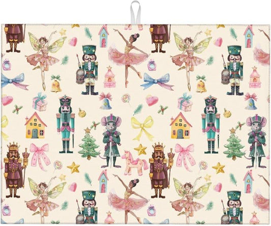 Christmas Nutcracker Dish Drying Mat 18 x 24 Inch for Kitchen Counter Cute Pink Kitchen Mat Microfiber Kitchen Countertop Absorbent Reversible Drainer Rack Pad Dish Drying Mat 1PCS