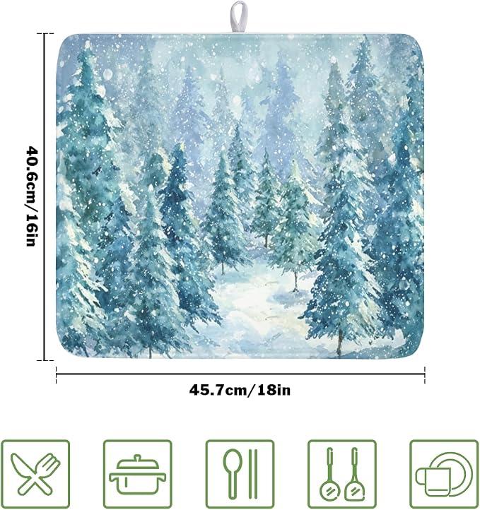 Winter Forest Dish Drying Mat for Kitchen Counter 16x18 Inch | Blue Christmas Pine Trees Snow Scene Dish Drainer Mat Rustic Seasonal Holiday Absorbent Washable Drying Pad