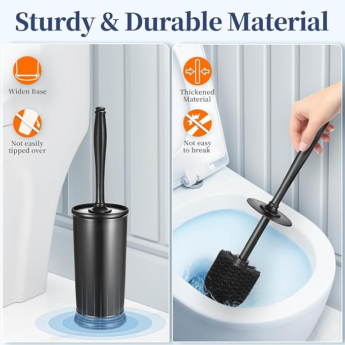HAMITOR Toilet Bowl Brush Holder Set: Classic Round Bristle Head Deep Cleaning Cleaner Scrubber with Tall Caddy for Restroom - Home Bathroom Decor Accessories - Black 3 Pack