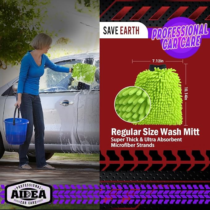 AIDEA Car Wash Mitt Microfiber, 2PK, Car Wash Brush, 7.12''X10.14'' | Scratch Free Lint-Free, Premium Chenille Microfiber Mitt, Regular Size, Green & Blue