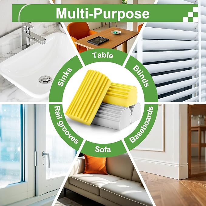 Jeymei Damp Clean Duster Sponge,4Pcs Dust Sponge for Cleaning,Gray & Yellow | Damp Dusting Sponge with Ridges,Baseboard Cleaning Tool,Reusable Wet Duster Sponge,Household Cleaning Sponges for Blinds