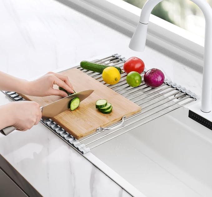Tomorotec Stainless Steel Roll-Up Dish Drying Rack Marble Color Silicone Edges, Foldable Kitchen Rack Heat Resistant Trivet Supports up to 70 lbs, Food Safe for Dishes, Cookware & More