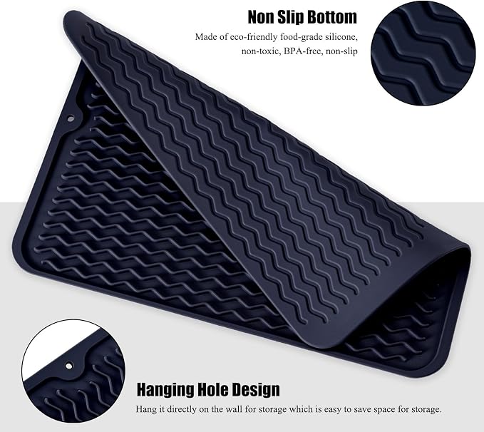 Silicone Dish Drying Mat for Multiple Usage, Easy clean, Eco-friendly, Heat-resistant Dish Drainer Mat for Kitchen Counter,Sink,Refrigerator or Drawer liner (12" x 12", Dark Blue)