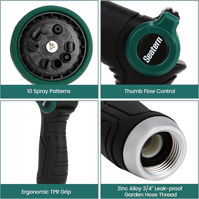 Garden Hose Nozzle, Heavy Duty Hose Sprayer with Thumb Control, 10 Spray Patterns, Reinforced Metal Shell, Comfortable Grip for Lawn, Plants, Car & Pet Washing – Forest Green