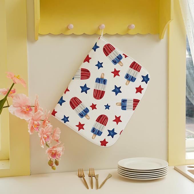 4th of July Dish Drying Mat 18x24 Inch Blue Red Ice Cream Stars Patriotic Drying Mat Independence Day Memorial Day Absorbent Dish Drying Pad Dish Rack Drainer Mats for Kitchen Dining Counter