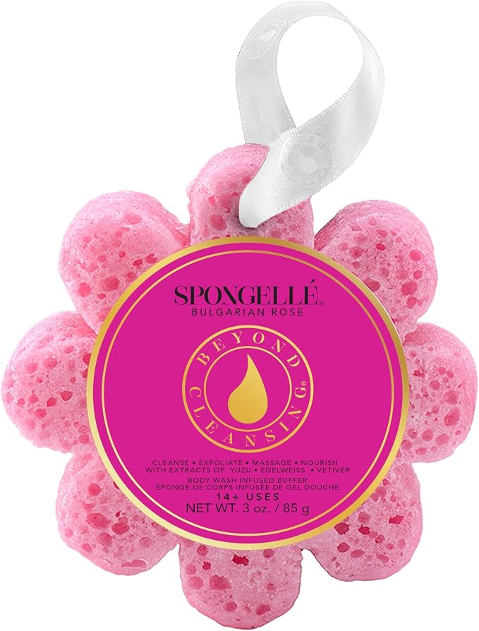 Spongellé Bulgarian Rose Wild Flower Bath Sponge | Built-in Body Wash & Body Scrubber, Shower Loofah Sponge for Women | 14+ uses