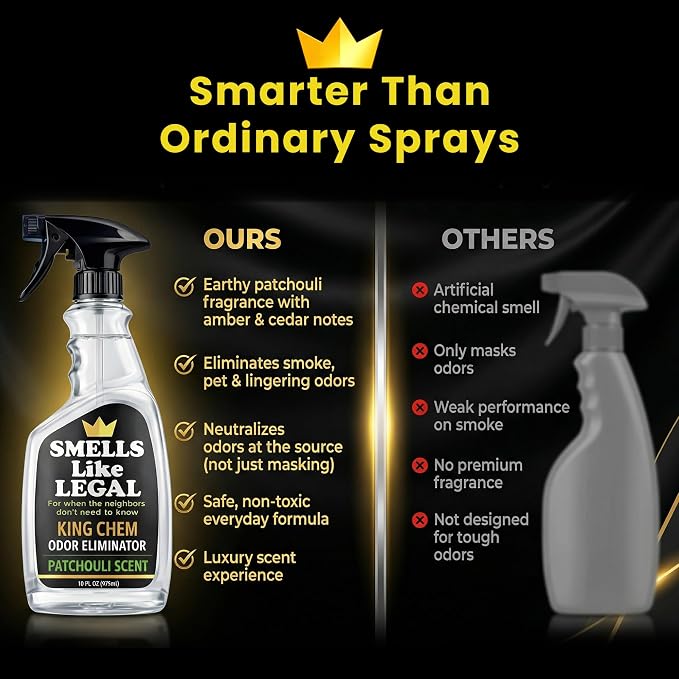 Smells Like Legal™ Patchouli Odor Eliminator Spray – Powerful Commercial-Grade – Eliminates Smoke, Pet & Food Odors at source – Fabric-Safe, Non-Staining – Biodegradable Air & Fabric Freshener – 16 oz | Commercial-Grade, Eliminates Smoke, Pet & Food Od...