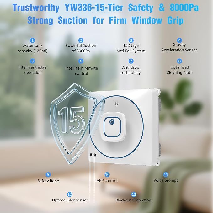 Window Cleaner Robot with 4 Cleaning Modes, 8000Pa Suction Remote Control | Dual Direction Auto-Spray Window Cleaner, Intelligent Path, Edge Detection,15-Stage Anti-Fall System for Windows