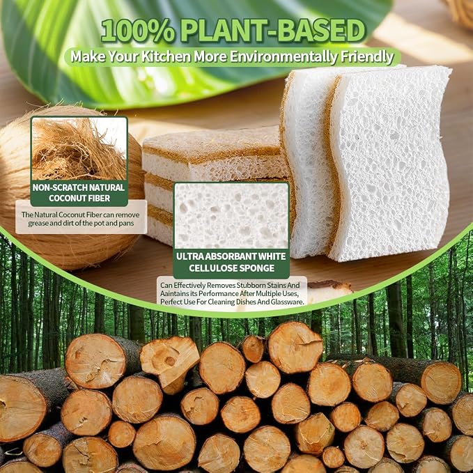 Sponges Kitchen Natural Dish Sponge Plant-Based Biodegradable Compostable Cellulose with Coconut Scrubber Sponge Non Scratch Eco Friendly Kitchen sponges for Kitchen Dishes（Pack of 6）