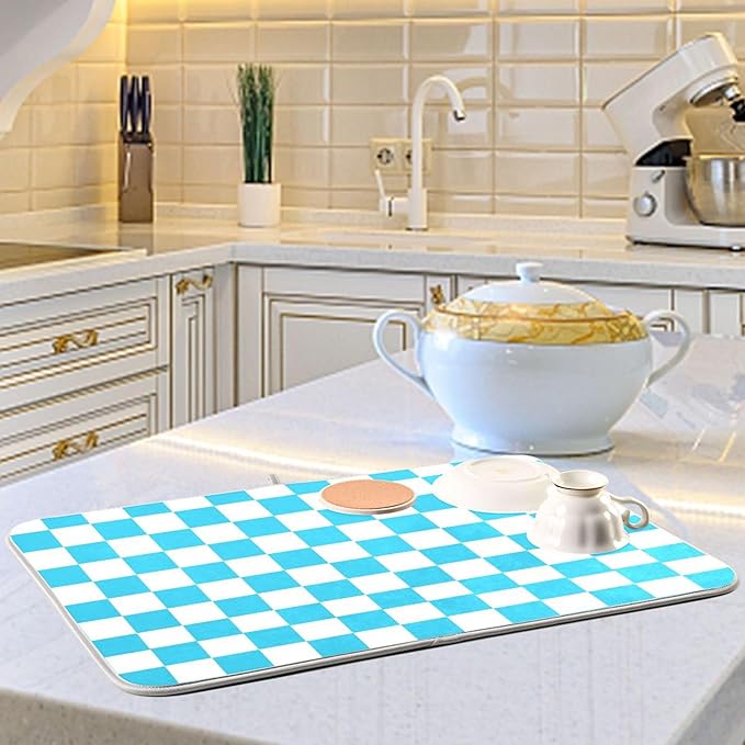 Turquoise Chessboard Dish Drying Mat for Kitchen Countertop 18x24 Teal Plaid Checkered Rectangle Large Drying Mat Reusable Quick Dry Dish Sink Absorbent Mats Easy Clean Decorative Home Essentials