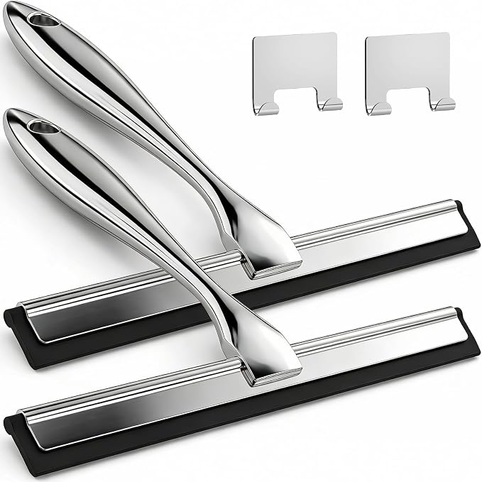 ALFLOD 2pcs Shower Squeegee for Glass Doors with Adhesive Hanging Hook Set | 9.9” silver, bathroom accessories, window cleaner, new home essentials, soft rubber blade, metal handle, ergonomic grip