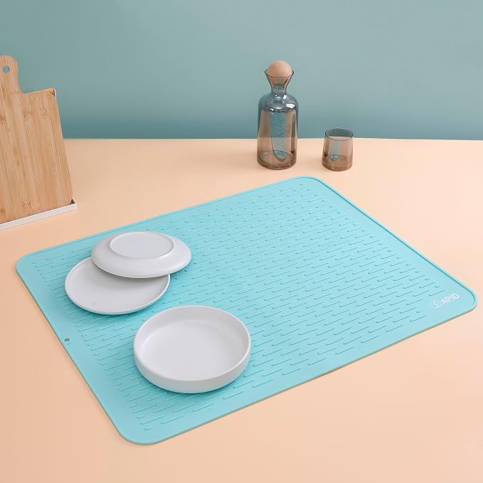 SAPID Extra Large 30” x 24” Silicone Dish Drying Mat for Dish Drying Rack , Easy Clean Silicone Drying Mat for Kitchen Counter , Non-Slip Dish Drain Mat, Heat Resistant Silicon Dish Matt, Mint Green