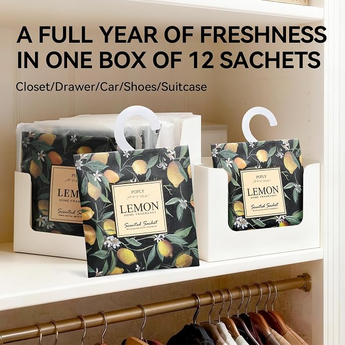 12 Pack Lemon Scented Sachets, Air Freshener for Home & Small Spaces | Hanging Sachet Bags with Retractable Hook; Closet Deodorizer & Odor Eliminator for Drawers, Shoe Cabinets, Cars & Luggage