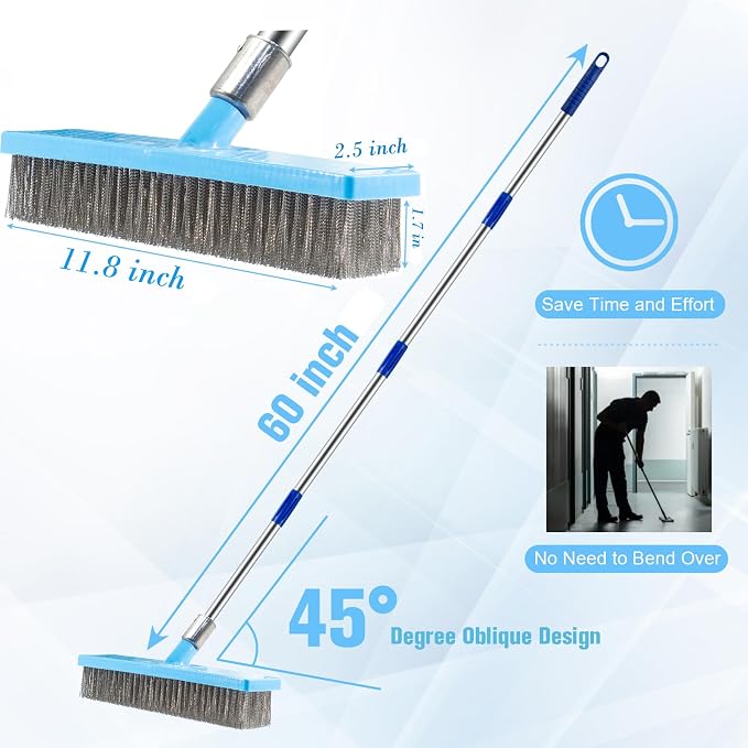 Stainless Steel Deck Scrub Brush 60In Long Handle Heavy Duty Floor Broom | Rustproof poles • Dense 6-row steel bristles • 45° head • Removes moss, grout & stains on concrete, patios, garages & boats
