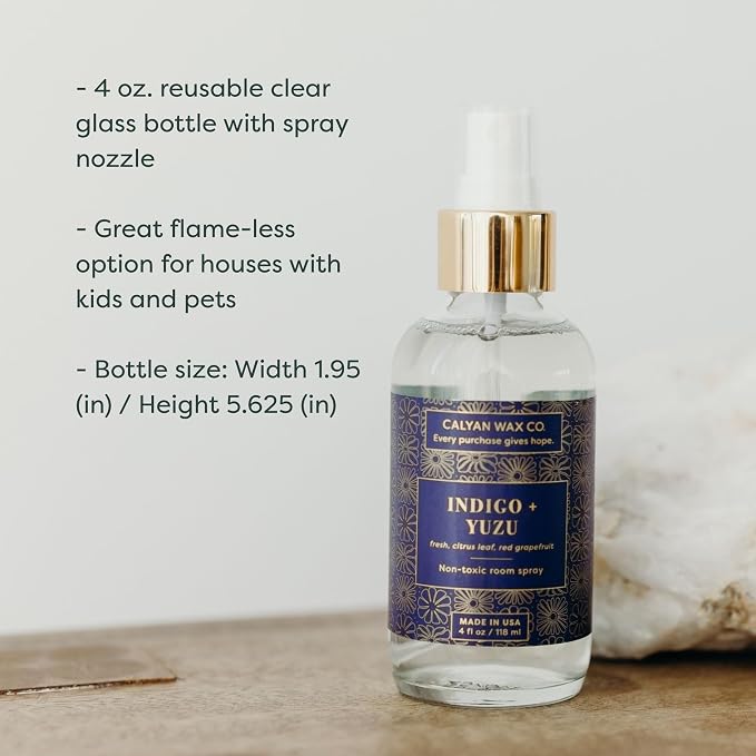 Calyan Wax Co. Indigo & Yuzu Room Spray - Natural Room Deodorizer | Long Lasting Clean Air Freshener - Room Spray for Luxurious Home Fragrance - Bedroom, Bathroom & Car Spray - 4 fl oz