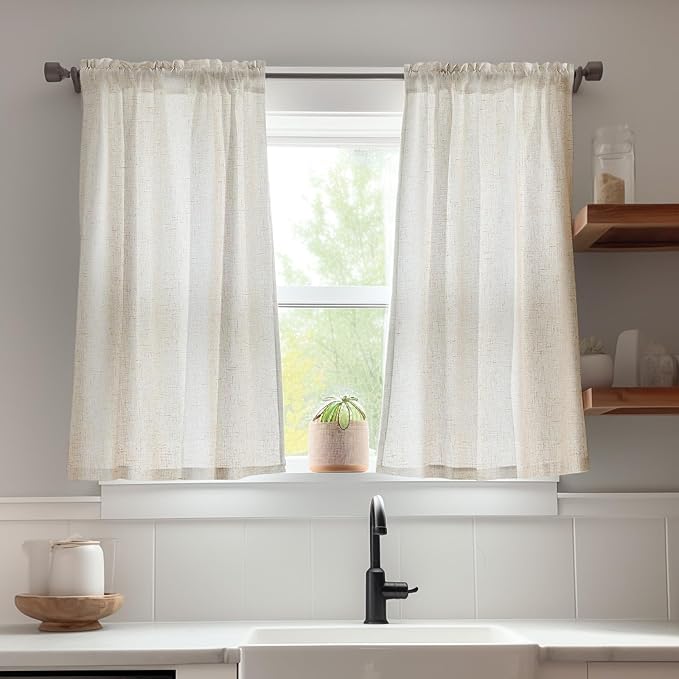 jinchan Beige Rustic Linen Rod Pocket Kitchen Curtains, 26x36, 2 Panels | Light filtering, cafe curtains, machine washable, farmhouse, kitchen, bathrooms, laundry, small window, over sink