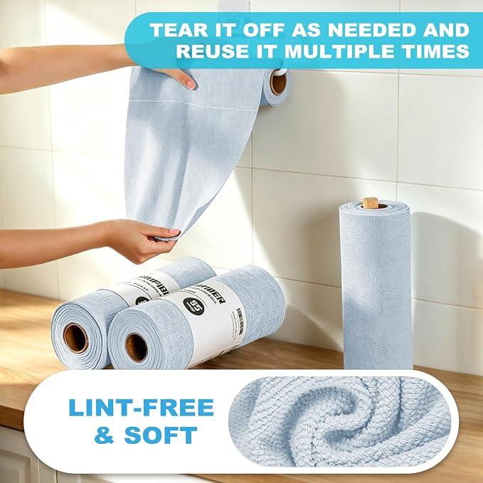 Puomue 55 Pack Microfiber Cleaning Cloth Roll, Tear Away Reusable Towels, 11" X 9", Ultra Absorbent & Lint Free Microfiber Cloth for Cleaning Cars, Kitchen, Window, and Shop (Light Blue, 9"X11"-55PK)