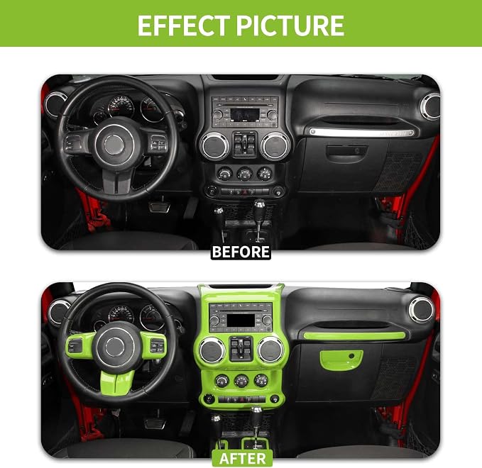 RT-TCZ for Jeep JK Interior Trim Kit Green, JKU Center Console Dashboard Panel Trim Cover for Jeep Wrangler JK JKU 2011-2017 Green Interior Accessories 10pcs