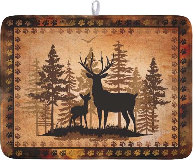 Giwawa Forest Deer Dish Drying Mat Wildlife Animal Dishes Pad 18"x24" Microfiber Absorbent Fast Dry Drainer Rack Mats for Kitchen Countertop Decor
