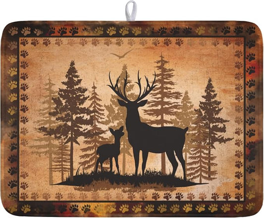 Giwawa Forest Deer Dish Drying Mat Wildlife Animal Dishes Pad 18"x24" Microfiber Absorbent Fast Dry Drainer Rack Mats for Kitchen Countertop Decor