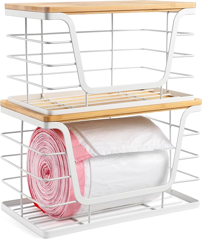 ALOCEO 2 Pack Potato and Onion Storage Bins, Large Trash Bag Holder Under Sink with Bamboo Top, Stainless Steel Pantry Organizers Storage, Kitchen Counter, White