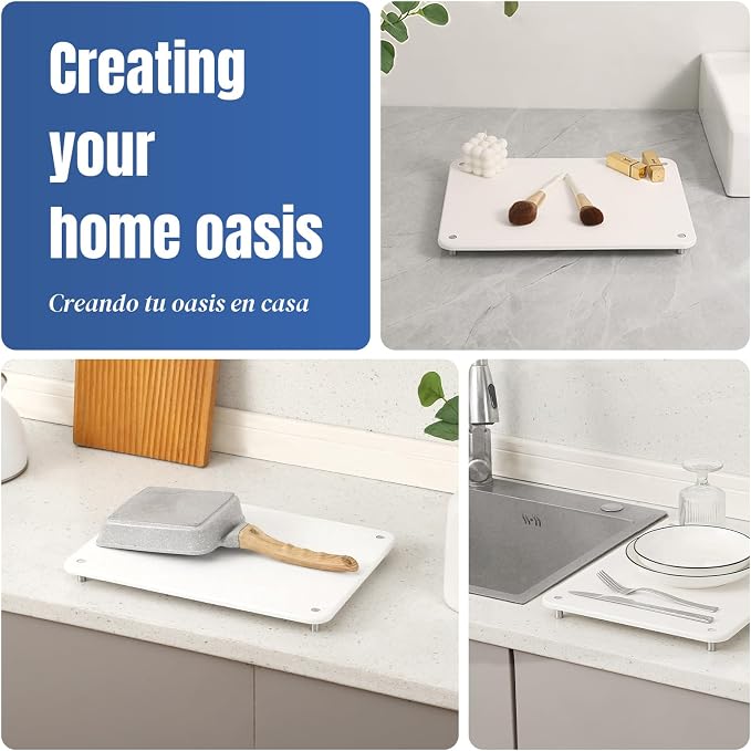 Stone Drying Mat for Kitchen Counter with Non-Slip Stainless Steel Feet, Quick Drying Diatomaceous Dish Racks for Dishes, Bottles and More, 15.7"(L)×11.8"(W), Cream White