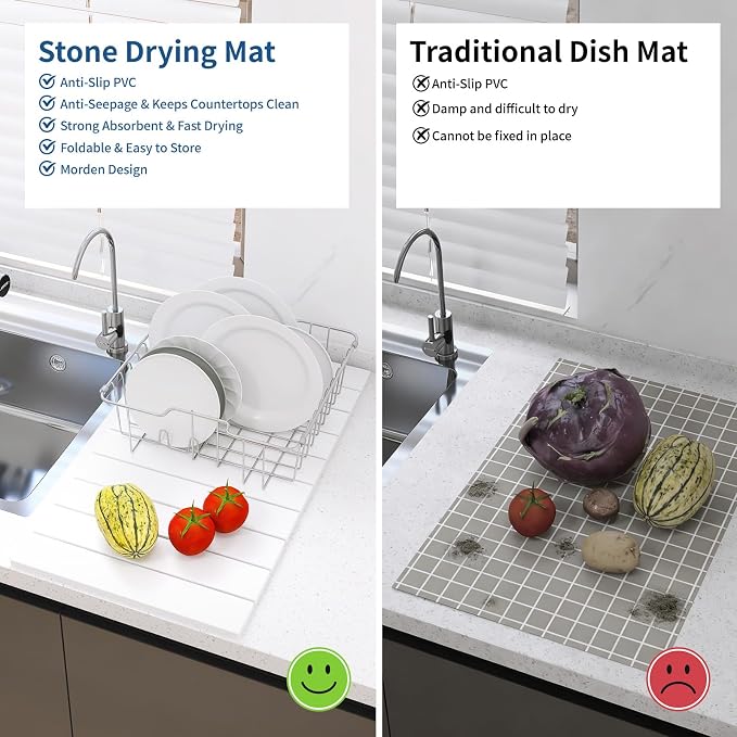 Hopegiver Stone Drying Mat for Kitchen Counter, 24" x 16" Quick Dry Diatomaceous Earth Dish Drying Mat, Super Absorbent, Non-Slip & Foldable, Modern White Countertop Mat (White,24''x16'')