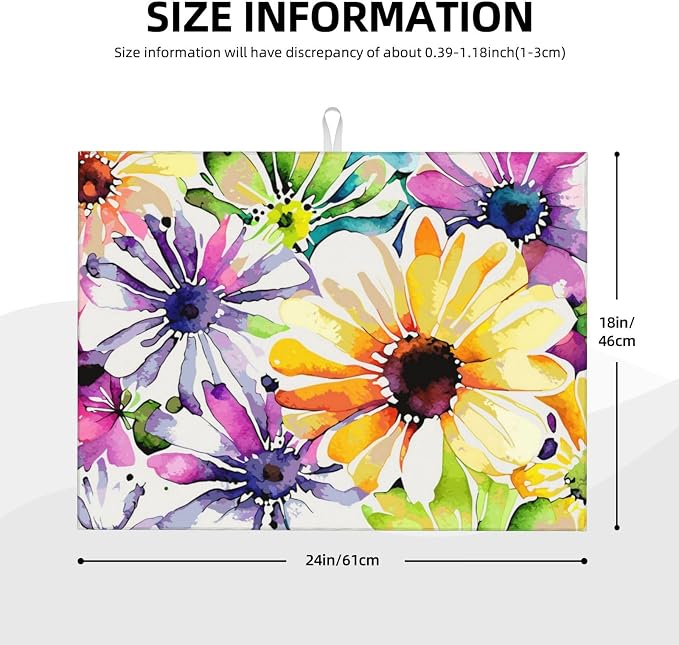 Colorful Flowers Dish Drying Mat For Kitchen Counter, Super Absorbent Microfiber Dish Drying Pad, Kitchen Gadgets For Easy Clean Multi-Use Large 18"x24"