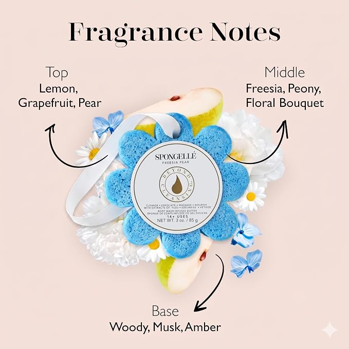 Spongellé Freesia Pear Wild Flower Bath Sponge | Built-in Body Wash & Body Scrubber, Shower Loofah Sponge for Women | 14+ uses