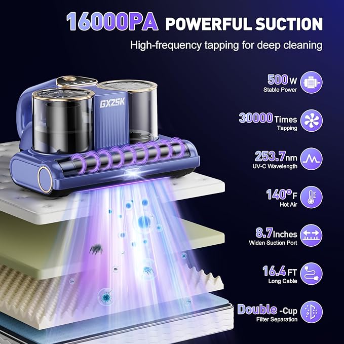 Gxzsk Mattress Vacuum Cleaner, 16kPa Bed Vacuum Cleaner, Handheld Vacuum | 253.7nm UV-C Light, Ultrasonic & 140℉ Heating, Dual Cup & Widen Suction Port for Bed, Sofa, Couch, Crib (500W, Corded)