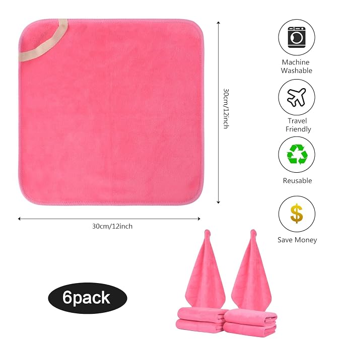 SINLAND Microfiber Facial Cloths Fast Drying Washcloth 12inch x 12inch Dark pink 6 pack