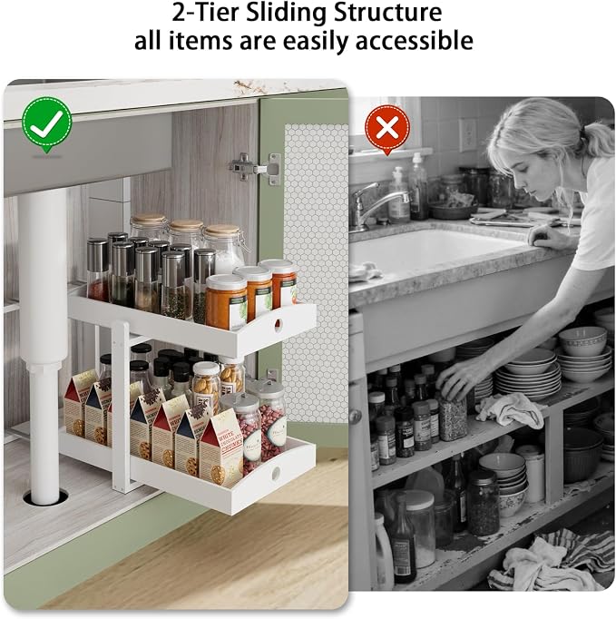 APRTAT 2 Pack Under Sink Organizer, Bamboo Wooden 2-Tier Pull-Out Storage with Sliding Drawers for Kitchen and Bathroom Cabinets, Easy Installation (White)