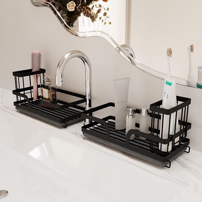 Sponge Holder for Kitchen Sink Caddy with Stone Drying Tray 2 PCS | No Draining Needed, Removable Brush Holder，Sink Caddy Organizer,Countertop Storage, Bathroom, Home Decor Accessories