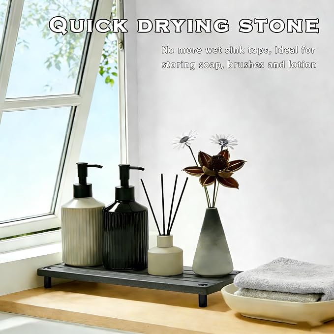 Durable Kitchen Sink Organizer, Instant Dry Sink Caddy for Bathroom Counter, Diatomite Stone Drying Tray, Upgrade Water Absorbing Stone Tray for Sink, Anti-Slip Stone Soap Tray -Dark Gray
