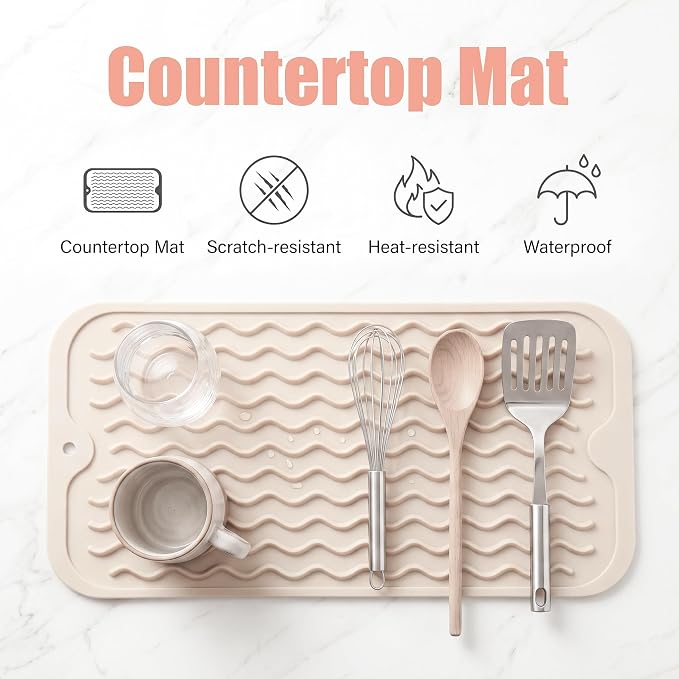 MicoYang Silicone Dish Drying Mat for Multiple Usage,Easy clean,Eco-friendly,Heat-resistant Silicone Mat for Kitchen Counter or Sink,Refrigerator or Drawer Liner Tapioca S 12 inches x 6 inches