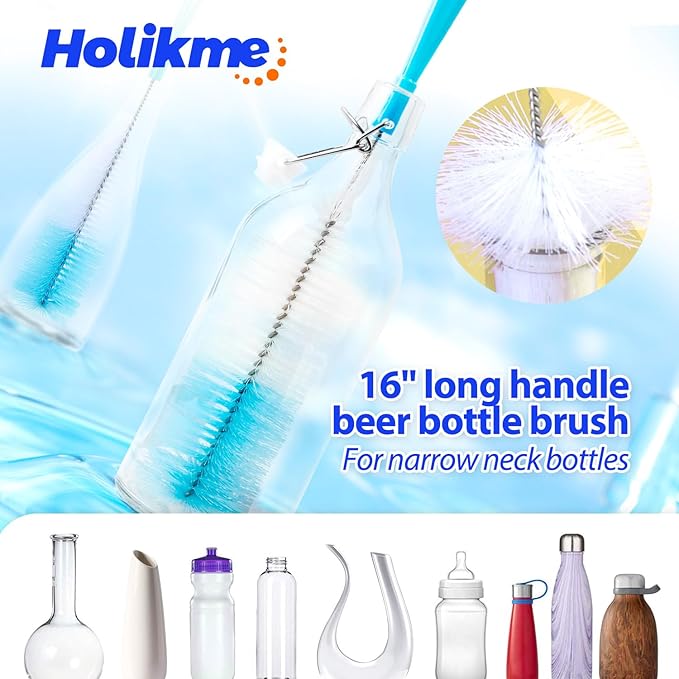 Holikme Bottle Brush Tube Cleaning Lab Set with Long Handle, Cup Cleaner for Washing Narrow Neck Beer Wine Decanter Pipes Lids Sinks Cap Covers, Azul